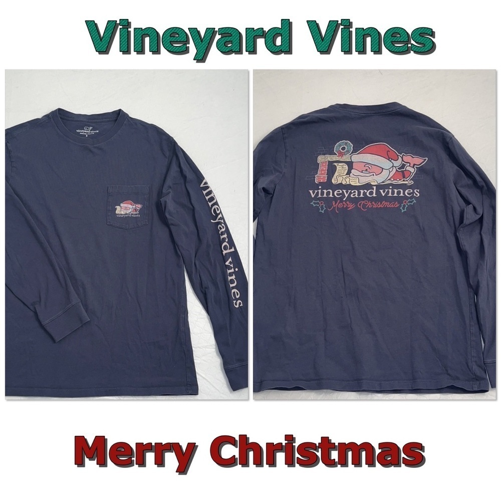 Vineyard Vines Santa Whale Merry Christmas navy long sleeve pocket t-shirt